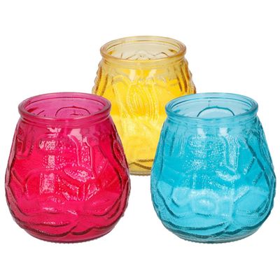 Arti Casa 6x stuks citronella Lowboy tafelkaarsen - 10 cm - blauw-geel-rood glas