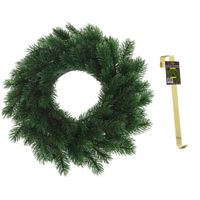 Kunst kerstkrans groen 35 cm met gouden hanger - thumbnail