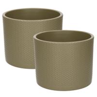 Plantenpot/bloempot - 2x - groen - 15 x 18 cm - keramiek - stippen relief - voor kamerplant