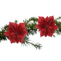 2x stuks kerstboom decoratie bloemen rood glitter op clip 24 cm