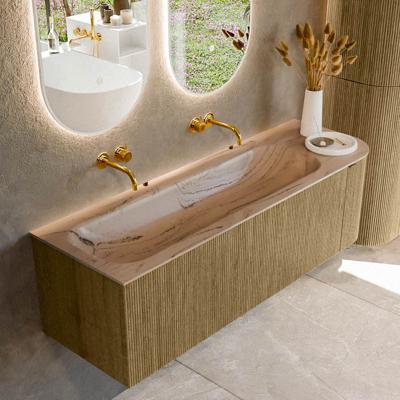 Badmeubel Mondiaz Kurve-Dlux | 145 cm | Meubelkleur Dusk | Wastafelkleur Arena | Solid surface | Wasbak linker zijde spoelbak | Zonder kraangat(en)