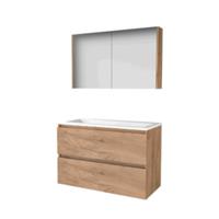 Basic-Line Comfort 46 Badkamermeubelset - 100 x 46 cm - Greeploos - 2 Lades - Acryl Wastafel - 2 Kraangaten - Spiegelkast - Whisky Oak