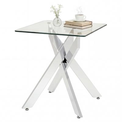 Glazen Bijzettafel Vierkante Eettafel met Gehard Glazen Blad en X-Metalen Onderstel Moderne Glazen Tafel