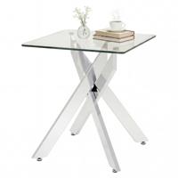 Glazen Bijzettafel Vierkante Eettafel met Gehard Glazen Blad en X-Metalen Onderstel Moderne Glazen Tafel