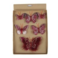 6x stuks decoratie vlinders op clip donkerrood 5, 8 en 12 cm   - - thumbnail