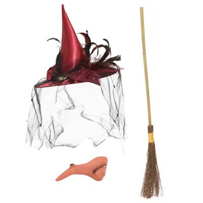 Smiffys - Heksen verkleed set - voor dames heksenhoed - haakneus - heksenbezem van 95 cm