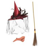 Smiffys - Heksen verkleed set - voor dames heksenhoed - haakneus - heksenbezem van 95 cm