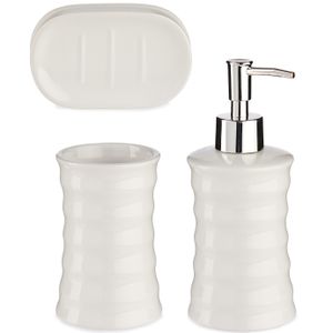 Badkamer accessoires set met strepen 3-delig creme wit van keramiek