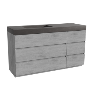 Storke Edge staand badmeubel 150 x 52 cm beton donkergrijs met Scuro High asymmetrisch linkse wastafel in kwarts mat zwart