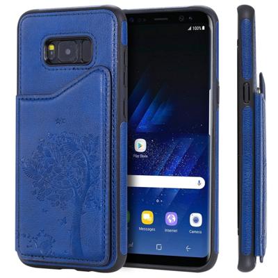 Voor Galaxy S8 PLUS kat boom reliëf patroon schokbestendige beschermhoes met kaartsleuven & fotolijstjes (blauw)