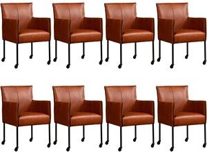 Set van 8 Cognac leren moderne kuipstoel More - poot rond zwart met wiel - Granada leer Savannah (cognac leer)