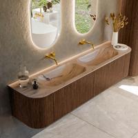 Badmeubel Mondiaz Kurve-Dlux | 190 cm | Meubelkleur Walnut | Wastafelkleur Arena | Solid surface | Wasbak beide zijden spoelbak | Zonder kraangat(en)