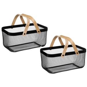 Draadmand/fruitschaal Maya - 2x stuks - rechthoek - zwart - 40 x 27 x 19 cm - metaal/hout - keuken