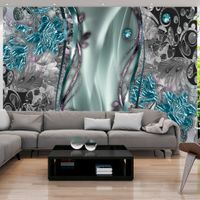 Zelfklevend fotobehang - Bloemig gordijn turquoise, 8 maten, premium print