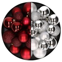 Kerstballen 60x stuks - mix donkerrood/zilver - 4-5-6 cm - kunststof - Kerstbal - thumbnail