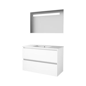 Basic-Line Economic 46 badkamermeubelset - 100x46cm - greeploos - 2 lades - porseleinen wastafel - 1 kraangat - Spiegel - geintegreerde LED verlichting - MDF lak Ice White 1810084