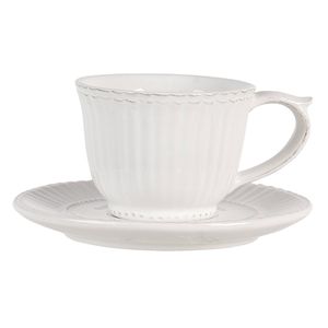 Clayre & Eef Kop en schotel 150 ml Wit Dolomiet Rond Servies Wit Servies