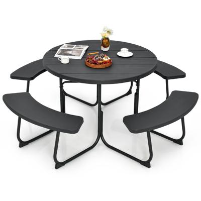 Zitgarnituur voor 8 Personen Picknicktafel met Parasolgat en 4 Banken Ronde Tuintafel Tuinmeubelen Zitgroep voor Tuin Terras Zwart