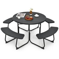 Zitgarnituur voor 8 Personen Picknicktafel met Parasolgat en 4 Banken Ronde Tuintafel Tuinmeubelen Zitgroep voor Tuin Terras Zwart