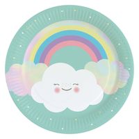 8x Feestelijke wegwerpbordjes met wolkje en regenboog print karton 23cm - Feestbordjes - thumbnail
