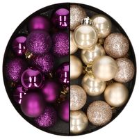Kleine kerstballen - 28x st - champagne en paars - 3 cm - kunststof - Kerstbal