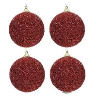 4x Kerst rode glitter kralen kerstballen 8 cm kunststof