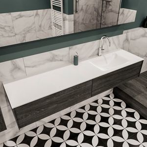 Mondiaz Lush Cloud badmeubel eiken donker bruin 180 cm 2 lades solid surface enkele spoelbak rechts 1 kraangat