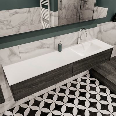Mondiaz Lush Cloud badmeubel eiken Dark brown 180 cm 2 lades solid surface enkele spoelbak rechts 1 kraangat