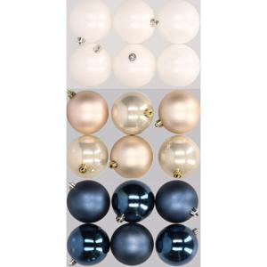 18x stuks kunststof kerstballen mix van donkerblauw, champagne en wit 8 cm - Kerstbal