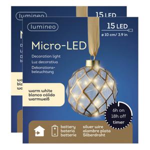 Verlichte kerstballen - 2x st - glas - aan lint - D10 cm - goud - 15 led lampjes - warm wit