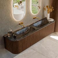 Badmeubel Mondiaz Kurve-Dlux | 190 cm | Meubelkleur Walnut | Wastafelkleur Lava | Solid surface | Dubbele spoelbak | Zonder kraangat(en)
