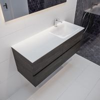 Mondiaz Vica Cloud badmeubel eiken donker bruin 120 cm 4 lades solid surface enkele spoelbak rechts 1 kraangat