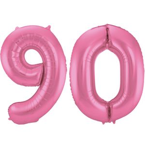 Grote folie ballonnen cijfer 90 in het glimmend roze 86 cm