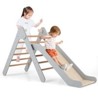Klimdriehoek met Glijbaan Houten Klimrek Driehoek met Sporten om te Glijden en te Klimmen voor Kinderen Vanaf 1 Jaar (Grijs)