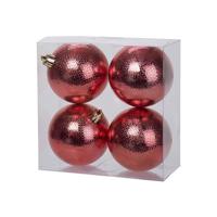 Kerstballen - 4x st - rood - cirkel motief - d8 cm - kunststof - kerstversiering