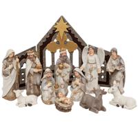 Complete kerststal - met 11 beelden - 19 x 13 x 25 cm - MDF/polyresin - thumbnail