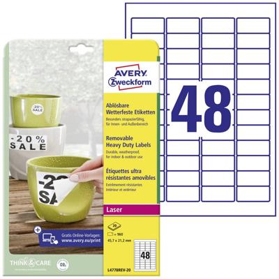 Avery-Zweckform L4778REV-20 Folie-etiketten 45.7 x 21.2 mm Polyester folie Wit 960 stuk(s) Weer verwijderbaar Laser (kleur), Laser (zwart/wit), Kopiëren