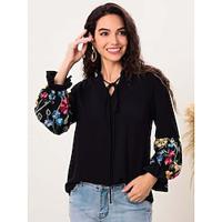 Dames Overhemd Blouse Bloemig strik voorkant Geborduurd Dagelijks Elegant Casual Pofmouw Lange mouw V-hals Zwart Lente Herfst Lightinthebox - thumbnail