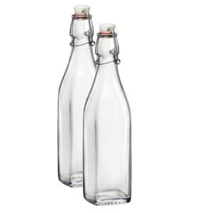 Bormioli Rocco beugelfles/weckfles - 2x - 1 liter - glas - vierkant - water/olie/azijn/sapjes