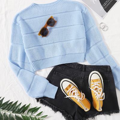 Bon&Bon Hot Pink Ribbed Knit Crop Sweater - Casual Drop Shoulder Pullover Baby Blue / L