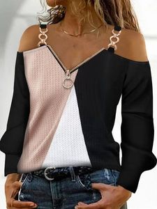 Casual V Neck Zipper Color Block Top