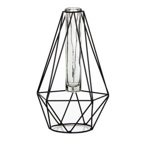 Zwart metalen diamant draad vaasje met glas 15 x 14 x 24 cm