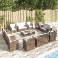 16-delige Loungeset met kussens poly rattan bruin