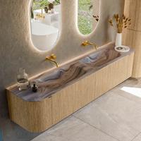 Badmeubel Mondiaz Kurve-Dlux | 200 cm | Meubelkleur Oak | Wastafelkleur Sombra | Solid surface | Wasbak beide zijden spoelbak | Zonder kraangat(en)
