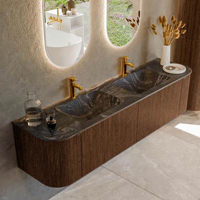 Badmeubel Mondiaz Kurve-Dlux | 180 cm | Meubelkleur Walnut | Wastafelkleur Lava | Solid surface | Dubbele spoelbak | 2 kraangaten