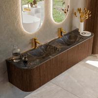 Badmeubel Mondiaz Kurve-Dlux | 180 cm | Meubelkleur Walnut | Wastafelkleur Lava | Solid surface | Dubbele spoelbak | 2 kraangaten