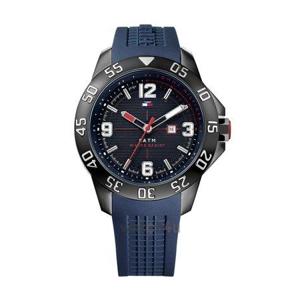 Tommy Hilfiger Herenhorlogemet blauwe rubberen band en zwarte wijzerplaat 1790984