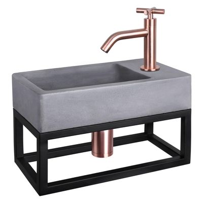 Differnz Force fonteinset - 40x22x8cm - Rechthoek - 1 kraangat - Gebogen rose koper kraan - met zwart frame - kruisgreep - Beton Grijs 38.401.77