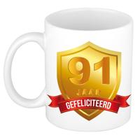 Leeftijd cadeau koffiemok - 91 jaar - Gefeliciteerd - Gouden schild - jubileum - verjaardaardag