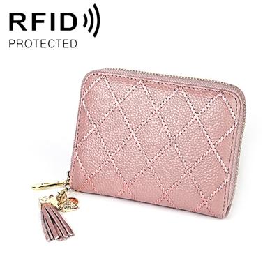 KB213 Diamond Texture Zipper Cowhide Leather Double Row Organ Shape Multiple Card Slots Anti-magnetic RFID Wallet Clutch Bag for Ladies (Light Pink)